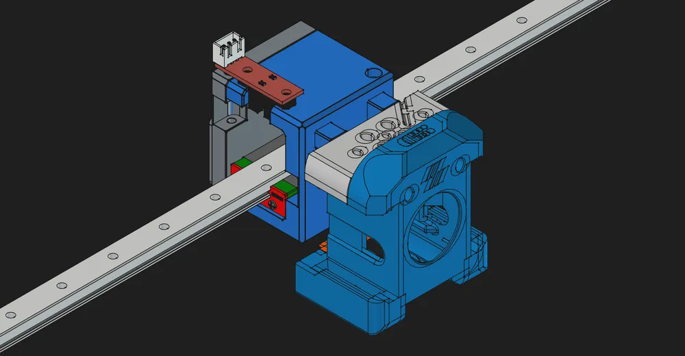 FreeCAD-Render des X-Carriage mit Dragon-Burner-Mount, Eddy-Adapterplatte und optischem X-Endstop auf MGN12H-Schiene.